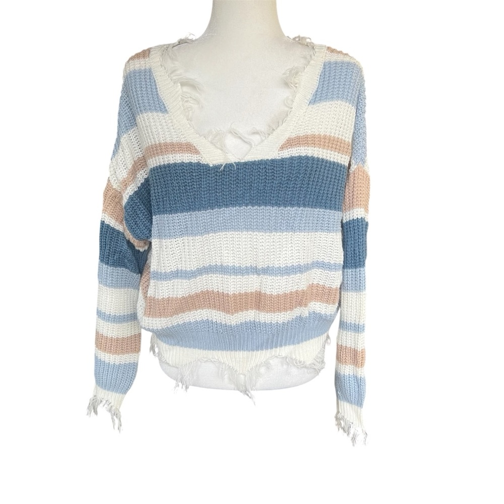 Polly and Esther Distressed Finge Striped Coastal Sweater V-Neck Size Small